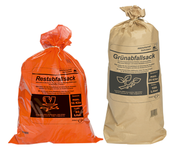 Oranger Restabfallsack aus Kunststoff und brauner Bioabfallsack aus Papier